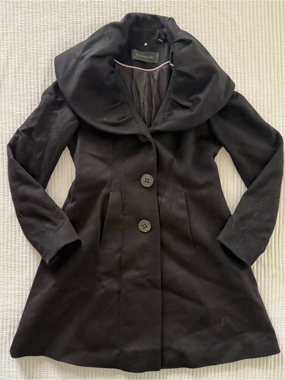 Elie Tahari Black Funnel-Collar Wool-Blend Peacoat